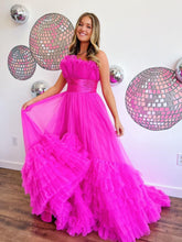 A-Line Strapless Pink Tiered Long Tulle Prom Dress